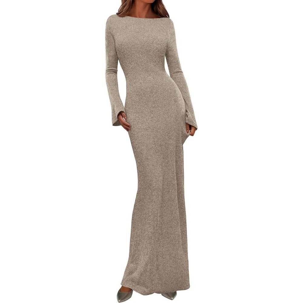Women's Apricot Long Sleeve Ribbed Knit Boat Neck Bodycon Casual Maxi Dress